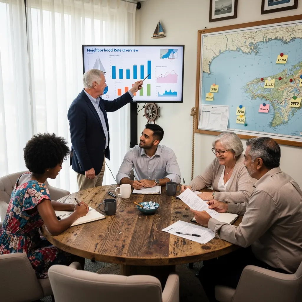 Widok biura planowania ubezpieczeń samochodowych nadmorskich z mapą okolicy.