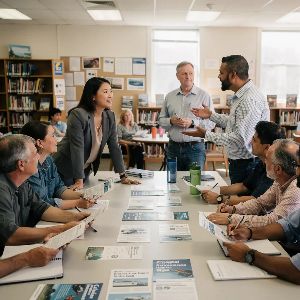 Widok biura zajmującego się ubezpieczeniami samochodowymi w nadmorskiej okolicy.
