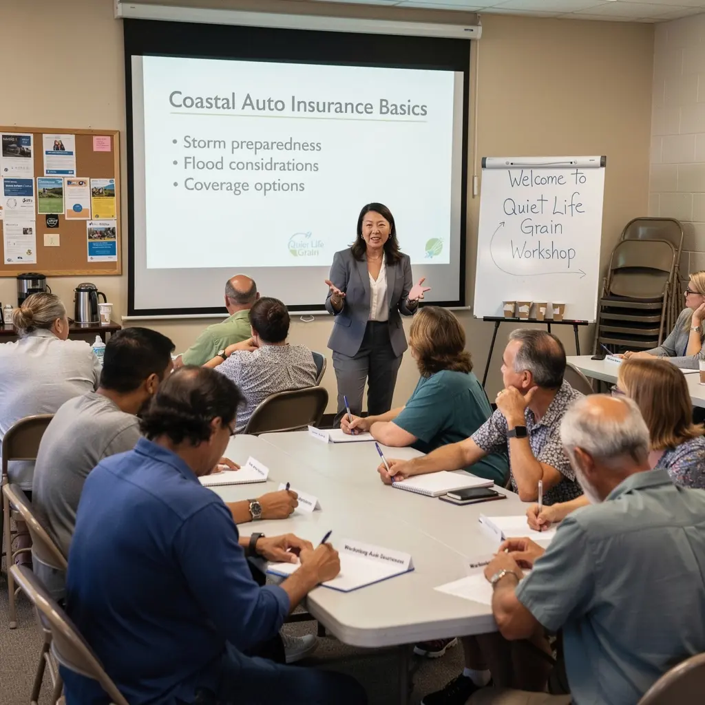 Grafika przedstawiająca porady dotyczące ubezpieczenia wzdłuż wybrzeża.