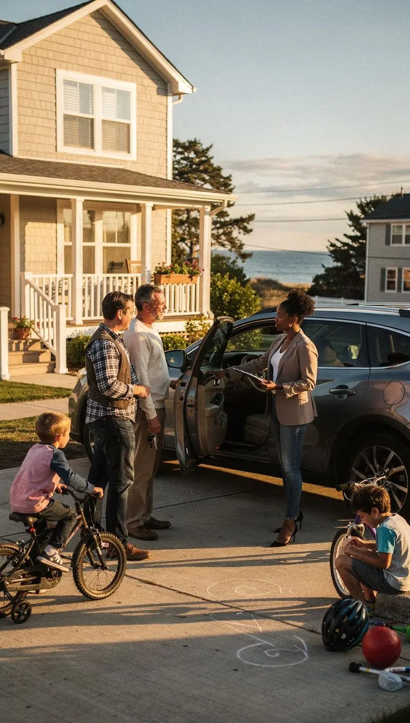 Widok na zadowolone rodziny korzystające z ubezpieczenia samochodowego w nadmorskiej lokalizacji.